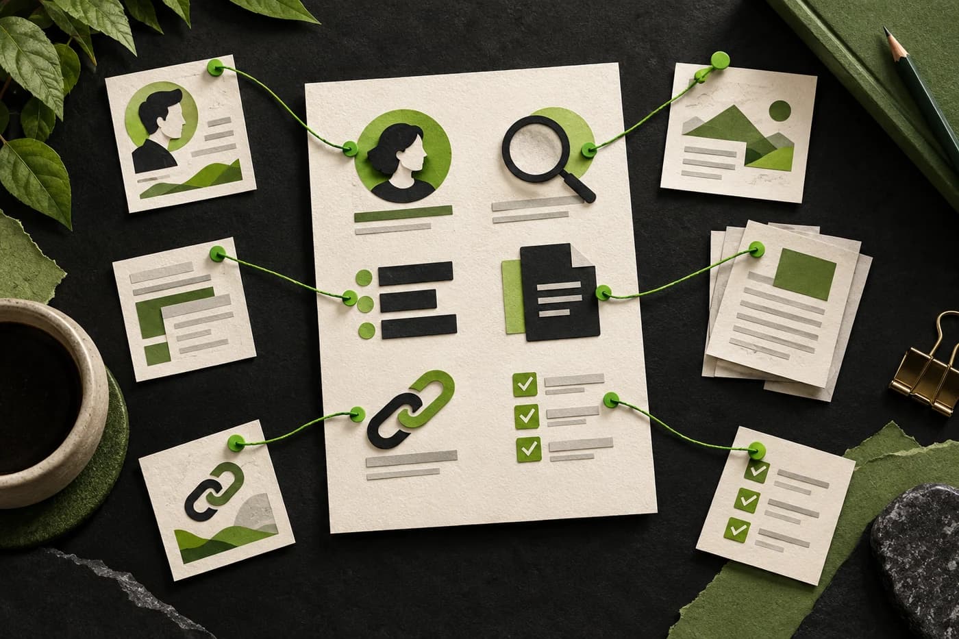 A content brief connects the reader, search intent, outline, evidence, internal links, and review checklist.