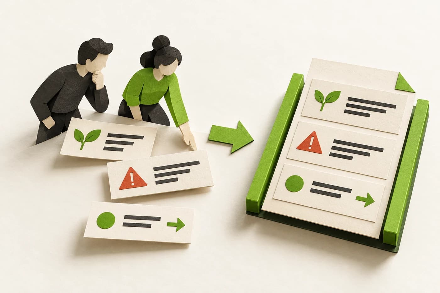 A small team assembles progress, blocker, and next-step cards into one organized document.