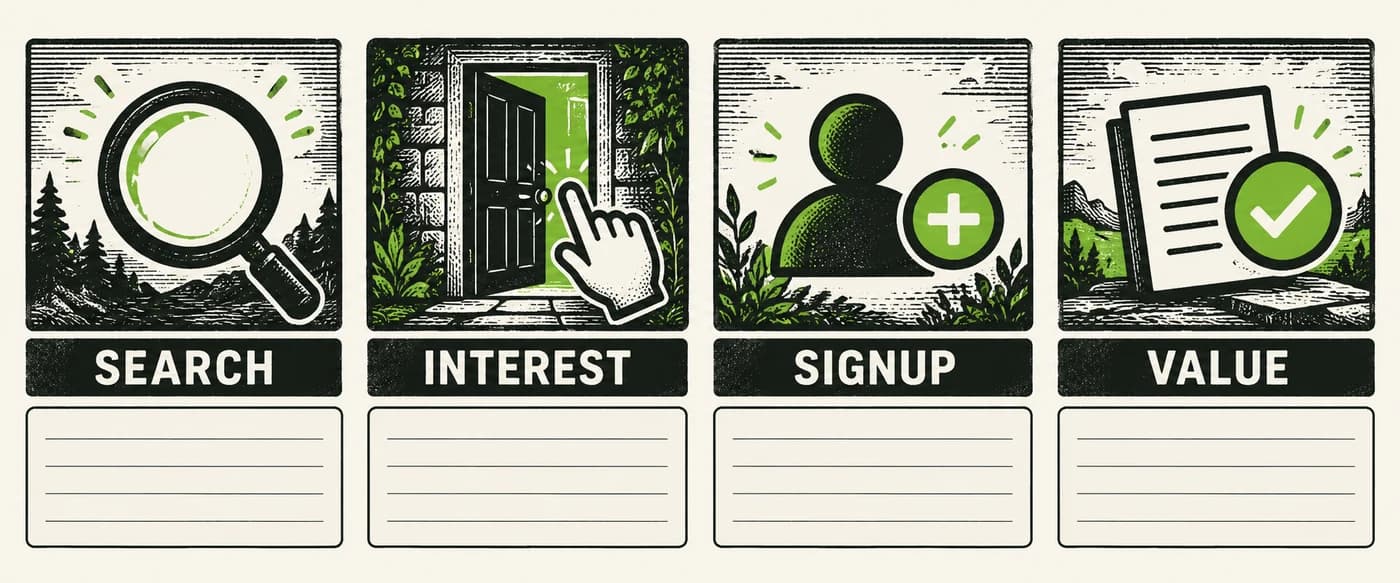 Four separate observations: search visibility, product interest, completed signup, and product value.