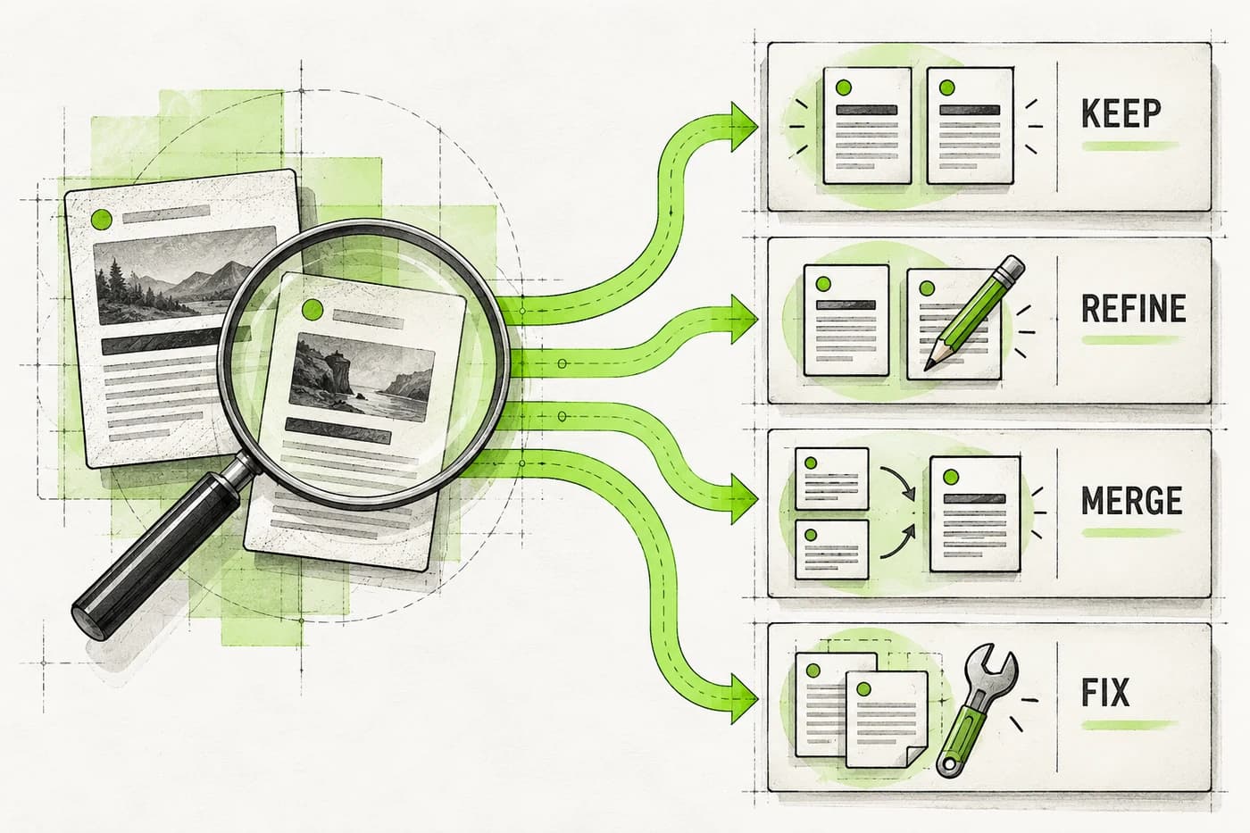 A page-pair investigation branches into four possible decisions: keep, refine, merge, or fix technical duplication.