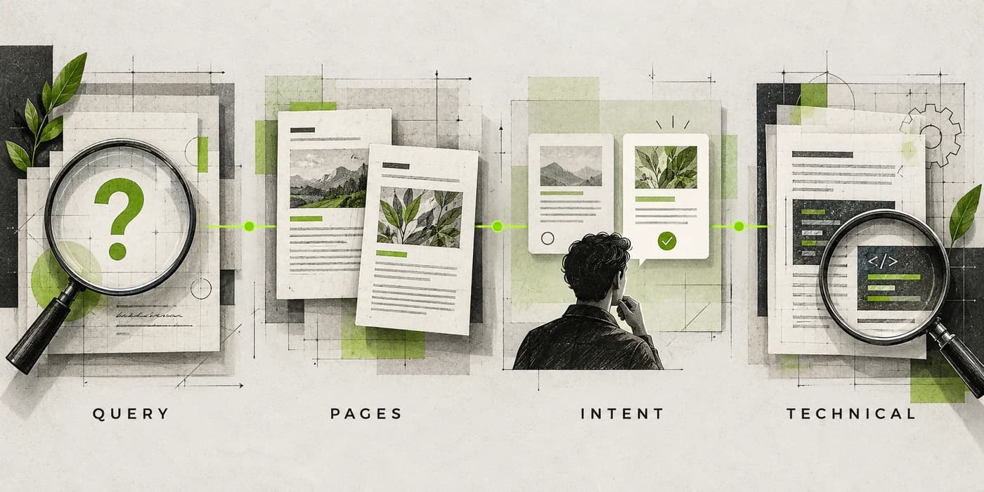 Four investigation stages: filter the query, review pages, compare intent, and inspect technical state.