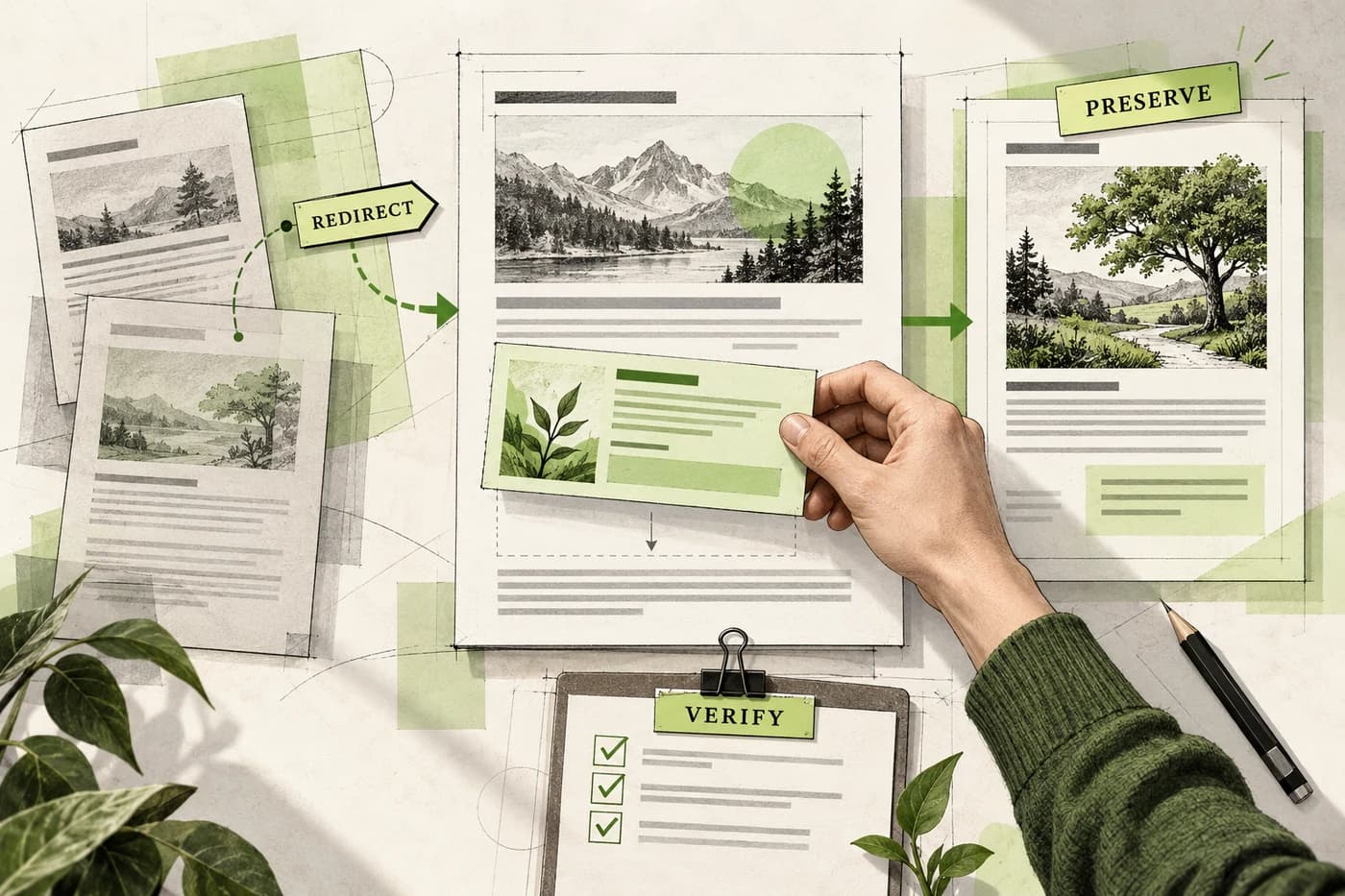 A conceptual consolidation workflow preserves useful content, redirects a retired page, and verifies the retained destination.